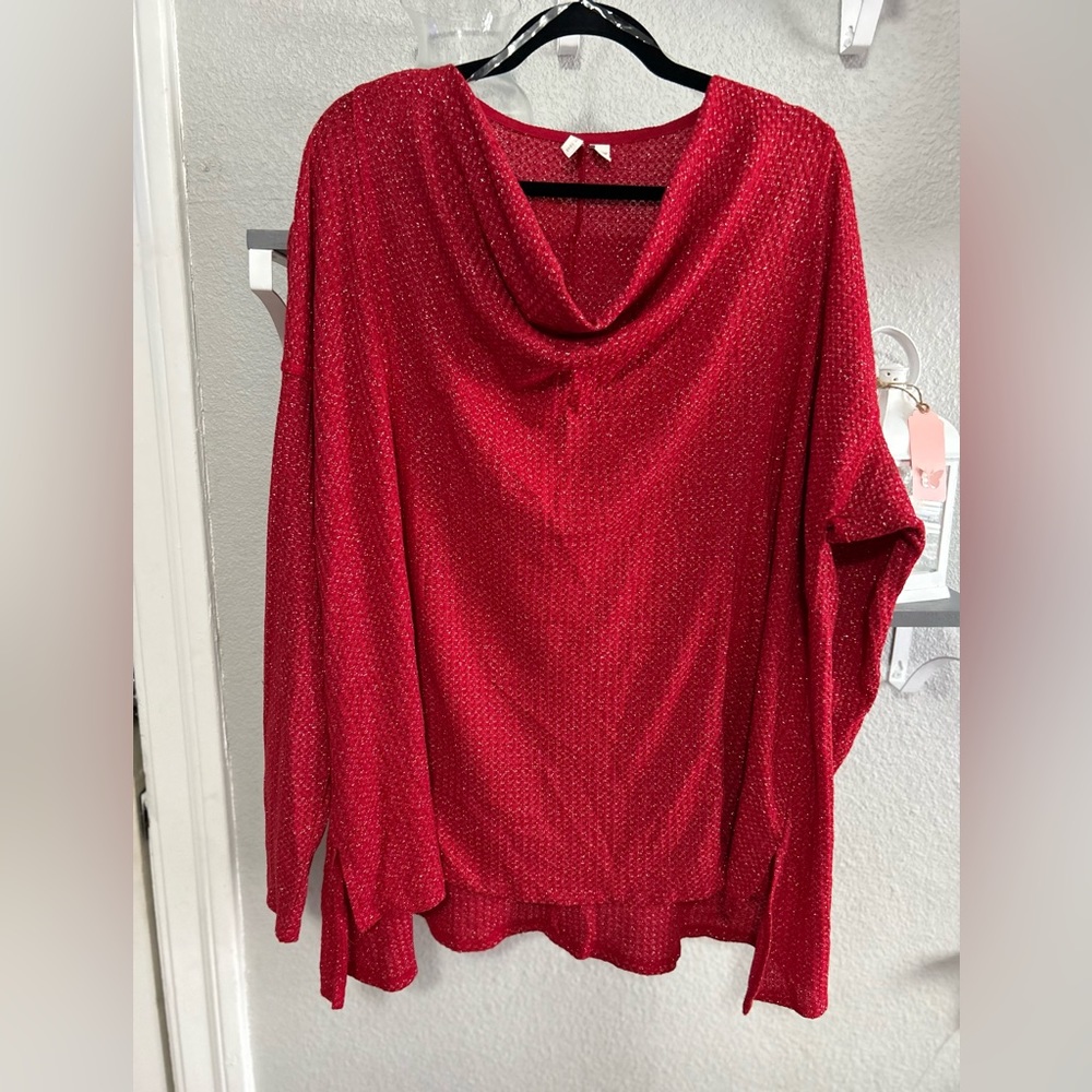 CATO Longsleeve Cowl-Neck Red Top With Silver